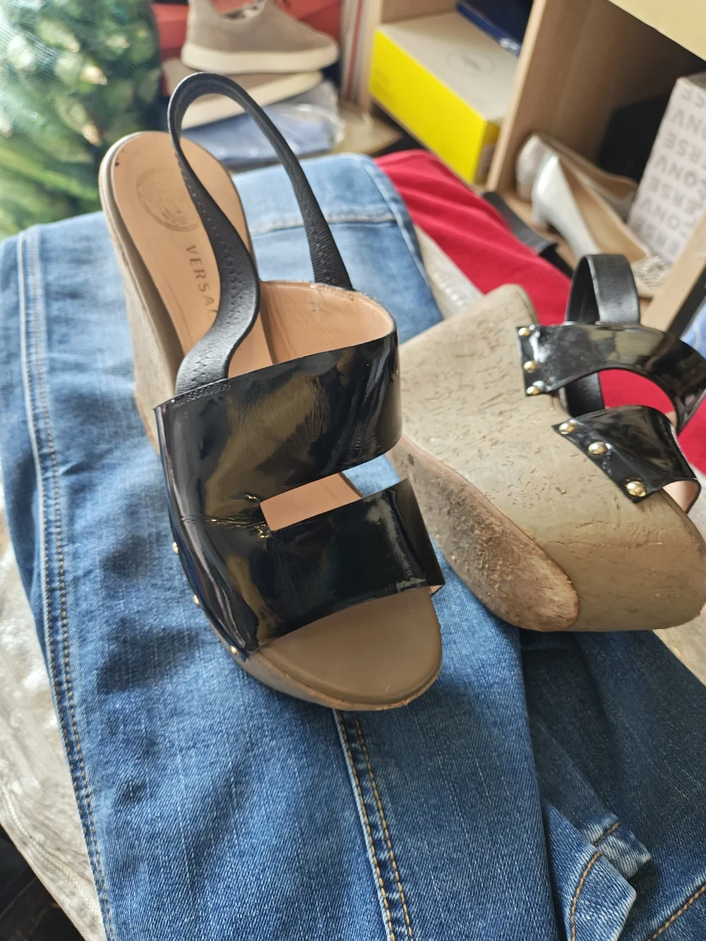 Versace Black Patent Leather Platform Slingback Wedges